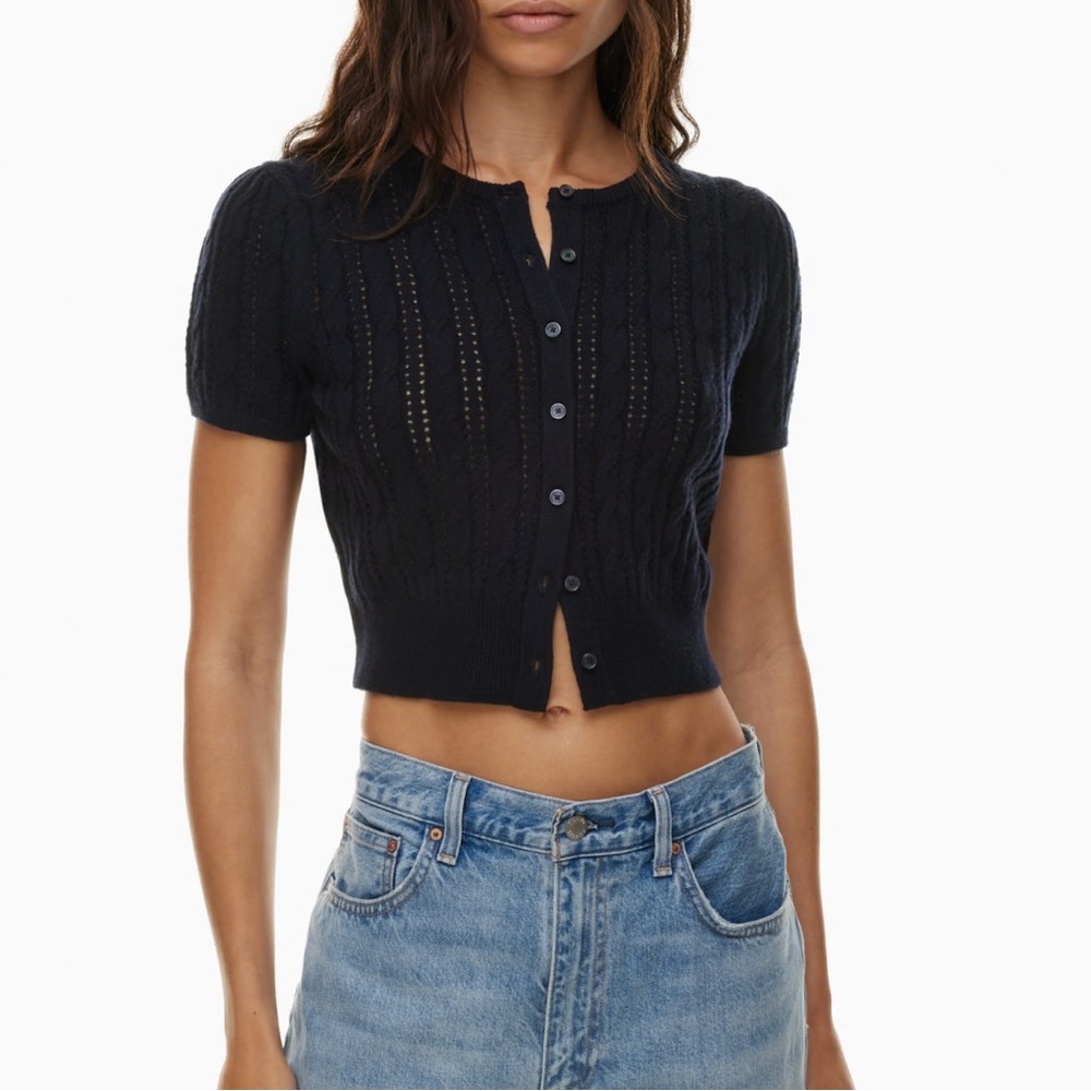 Aritzia WILFRED Merino Wool and Cotton Shortsleeve Fey Cardigan in Black Size S